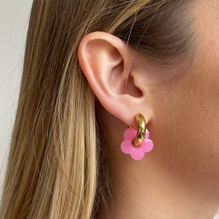 Créoles bouées 20mm acier doré et fleur rose