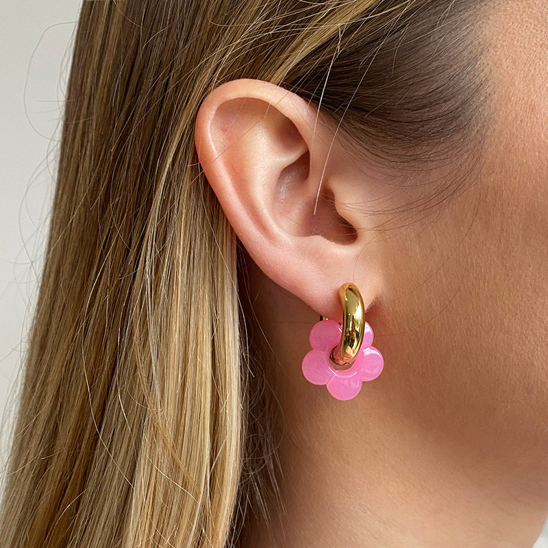 Créoles bouées 20mm acier doré et fleur rose