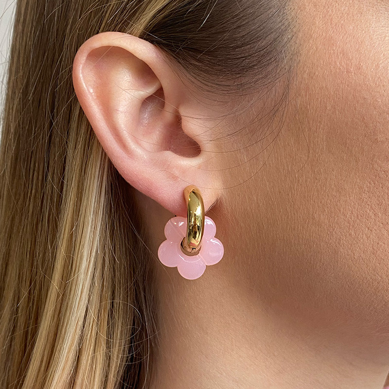 Créoles bouées 20mm acier doré et fleur rose