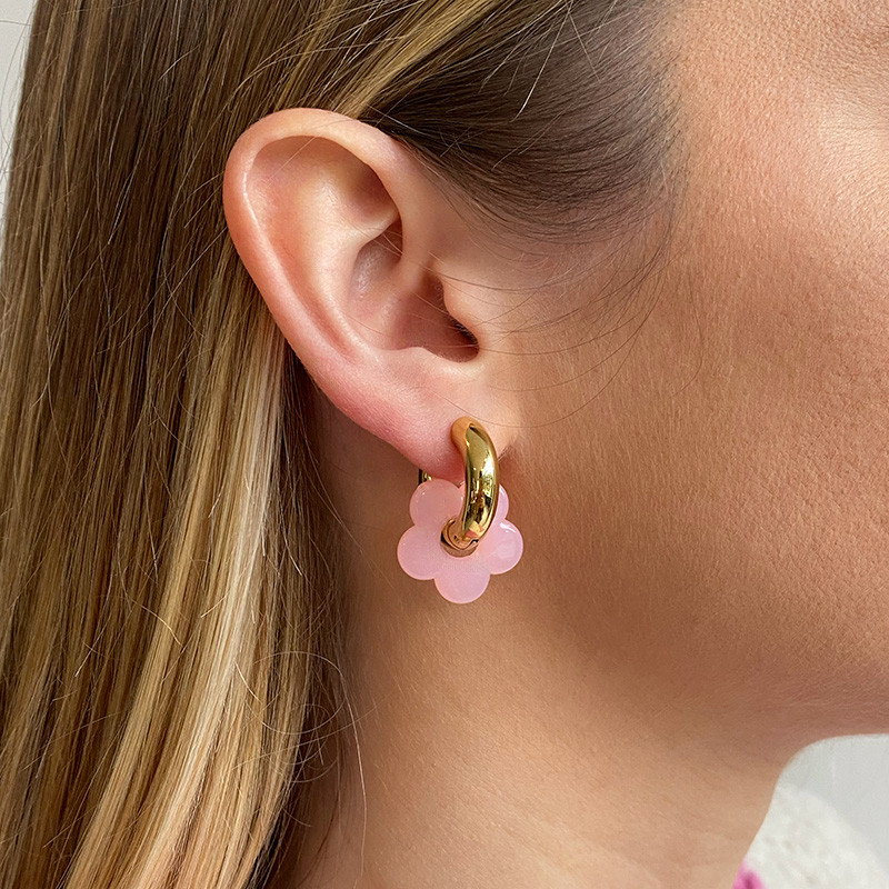 Créoles bouées 20mm acier doré et fleur rose