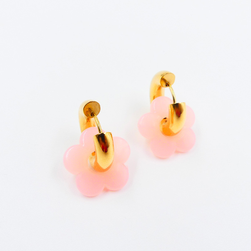 Créoles bouées 20mm acier doré et fleur rose