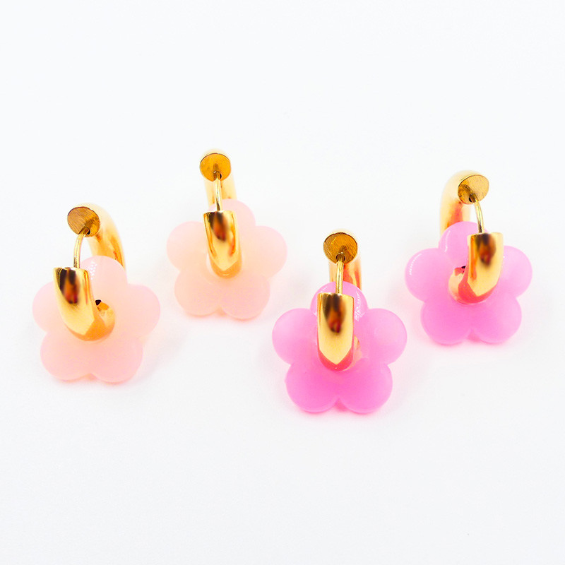 Créoles bouées 20mm acier doré et fleur rose