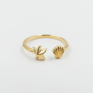 Bague dorée ouverte Coquillage et Étoile de Mer