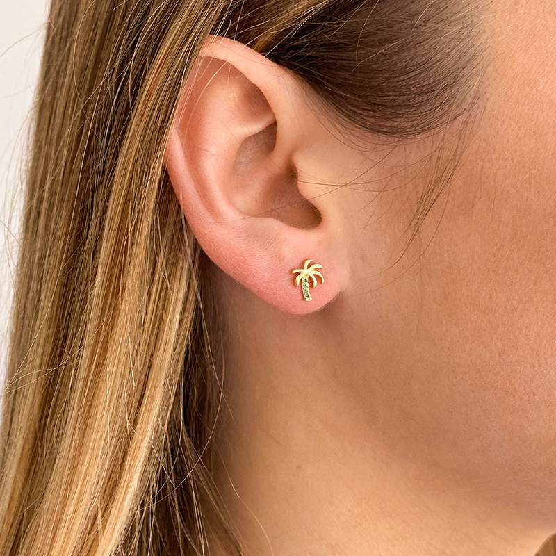 Clous d'oreilles plaqué or palmier strass vert