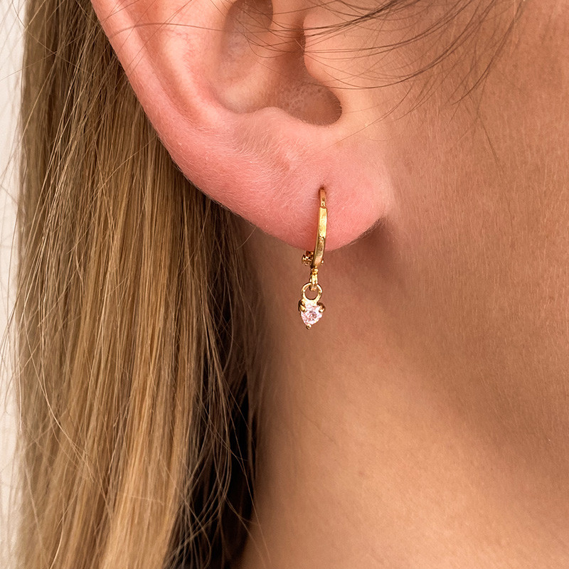 Boucle à l'unité dorée coeur strass rose