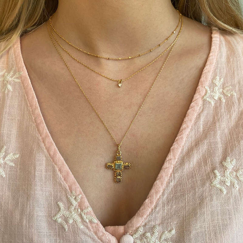 Collier Plaqué Or Croix Aqua et Quartz Rose