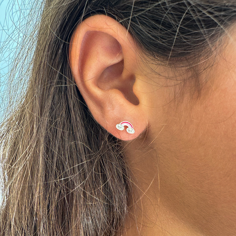 Clous Argent Enfant nuage arc-en-ciel rose