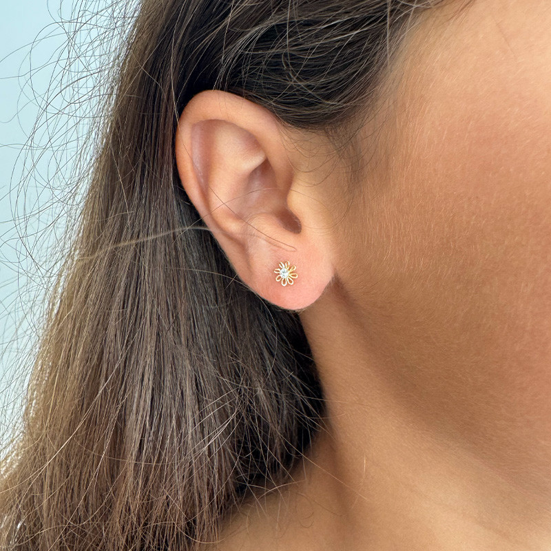 Clous enfant plaqué or fleur strass