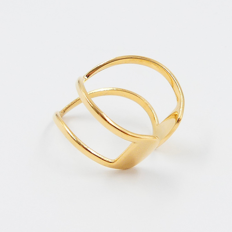 Bague ajustable acier doré large double chevron