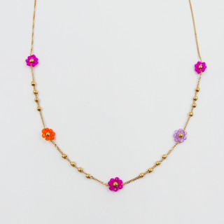 Collier acier doré fleurs colorées