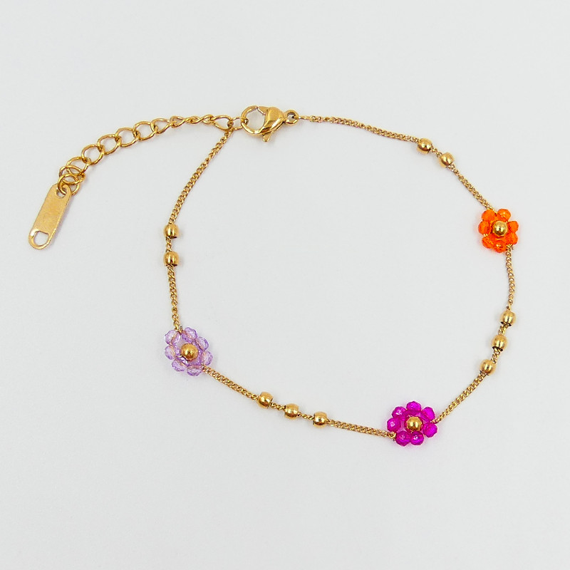 Bracelet acier doré fleurs colorées