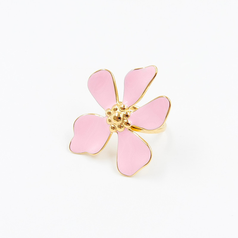 Bague ajustable acier doré large fleur rose