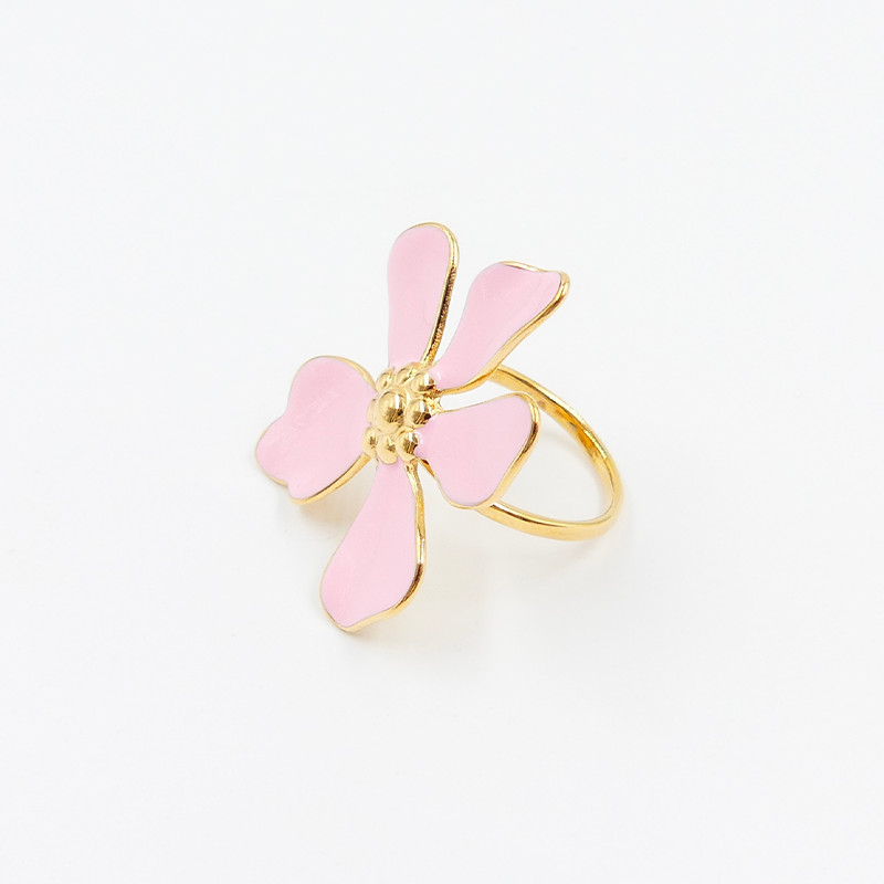 Bague ajustable acier doré large fleur rose