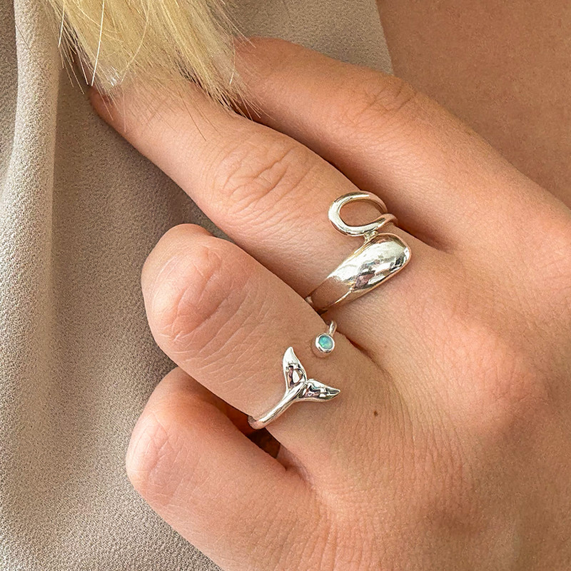 Bague Argent Queue de Baleine & Opale Bleue