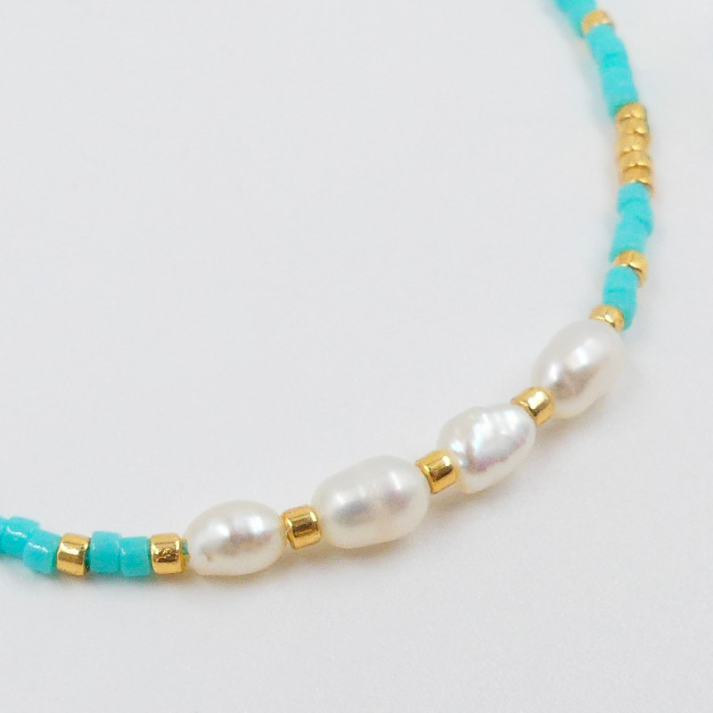 Bracelet cordon fantaisie bleu et nacre