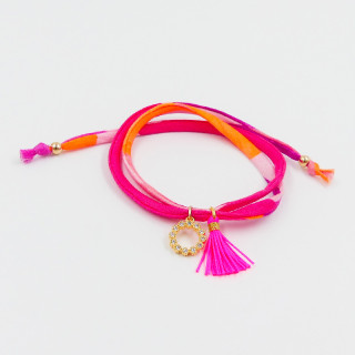 Bracelet Cordon Liberty doré couronne strass et pompon fuchsia