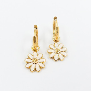 Créoles acier doré 12mm et fleur blanche