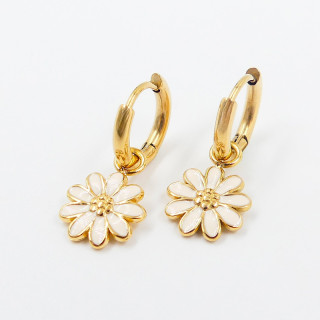 Créoles acier doré 12mm et fleur blanche