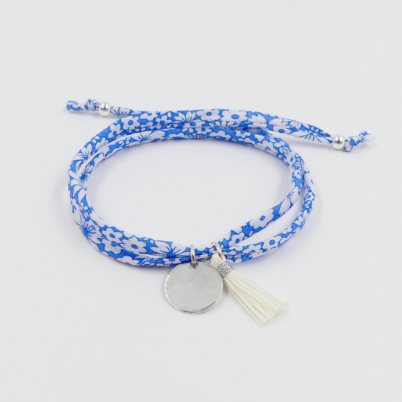 Bracelet Cordon Liberty Argent médaille et pompon blanc