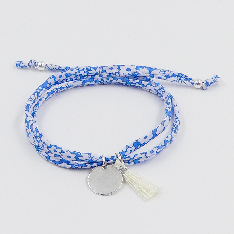 Bracelet Cordon Liberty Argent médaille et pompon blanc