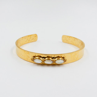 Jonc ouvert acier doré et perles blanches