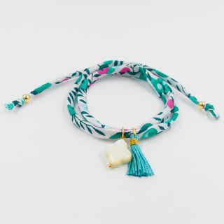 Bracelet Cordon Liberty Doré Trèfle et pompon turquoise