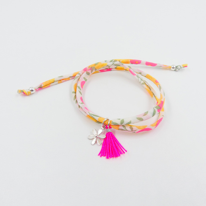 Bracelet Cordon Liberty Argent fleur et pompon fuchsia