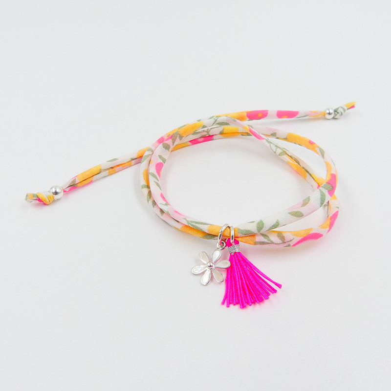 Bracelet Cordon Liberty Argent fleur et pompon fuchsia