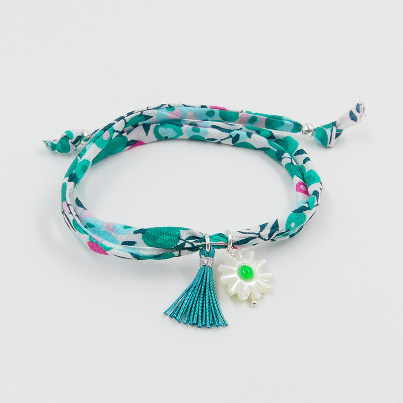 Bracelet Cordon Liberty Argent fleur verte et pompon