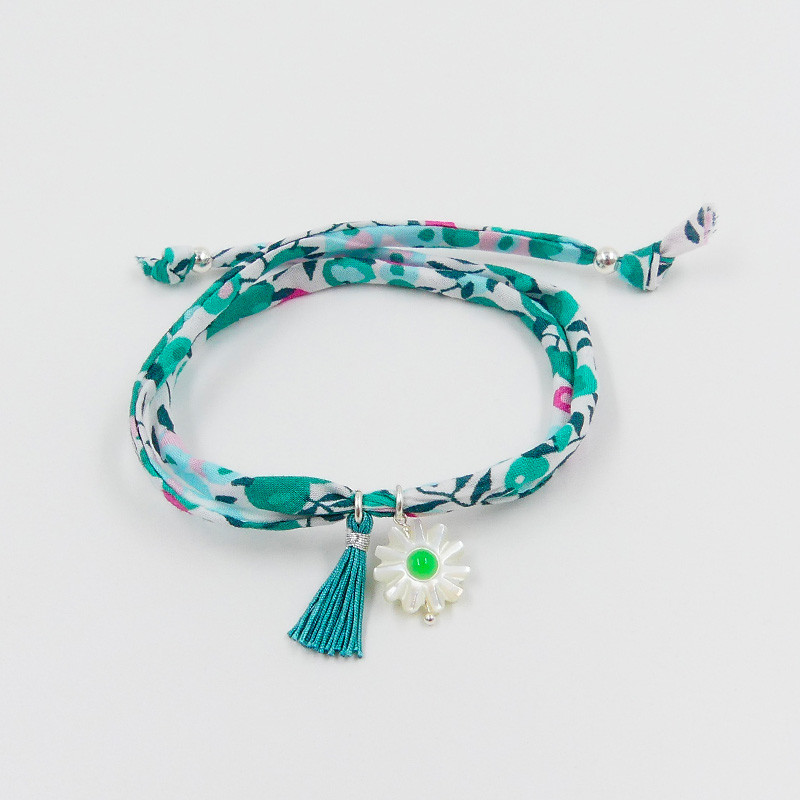 Bracelet Cordon Liberty Argent fleur verte et pompon