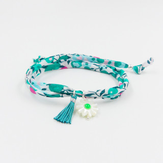 Bracelet Cordon Liberty Argent fleur verte et pompon