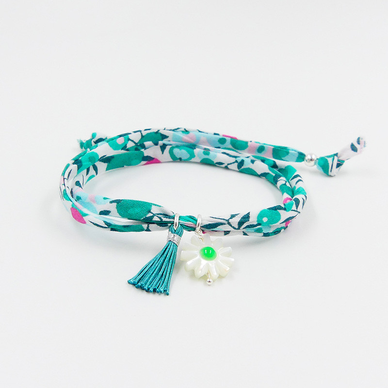 Bracelet Cordon Liberty Argent fleur verte et pompon