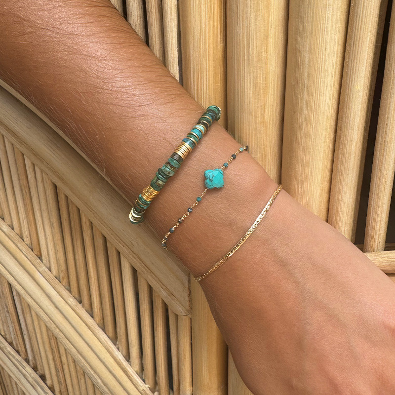 Bracelet Plaqué or Links et trèfle Turquoise Africaine