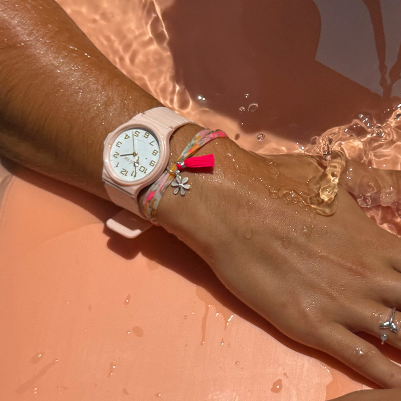 Bracelet Cordon Liberty Argent fleur et pompon fuchsia