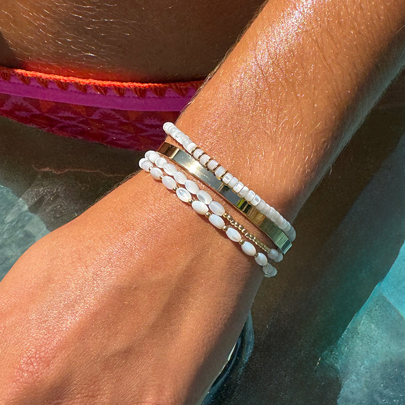 Bracelet plaqué or double rangs nacre