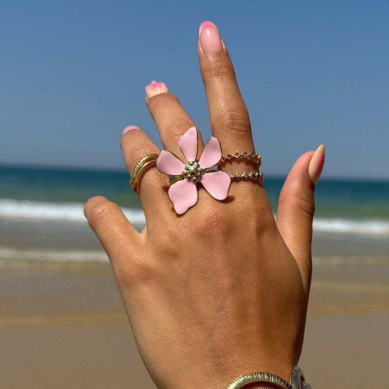 Bague ajustable acier doré large fleur rose