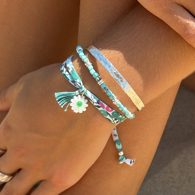 Bracelet Cordon Liberty Argent fleur verte et pompon