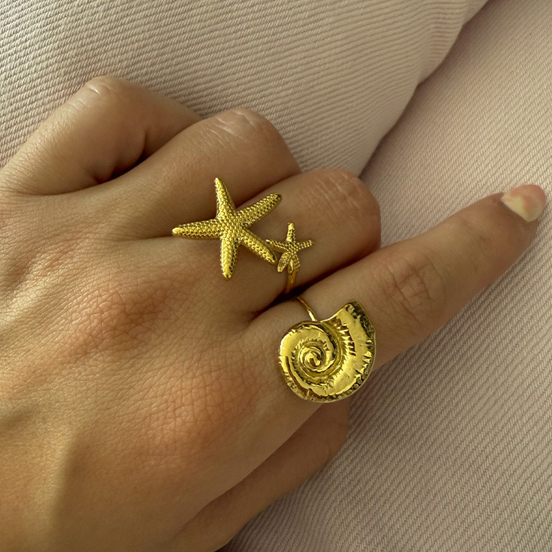 Bague ajustable acier doré coquillage