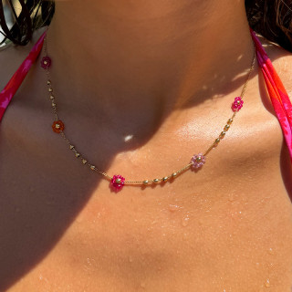 Collier acier doré fleurs colorées