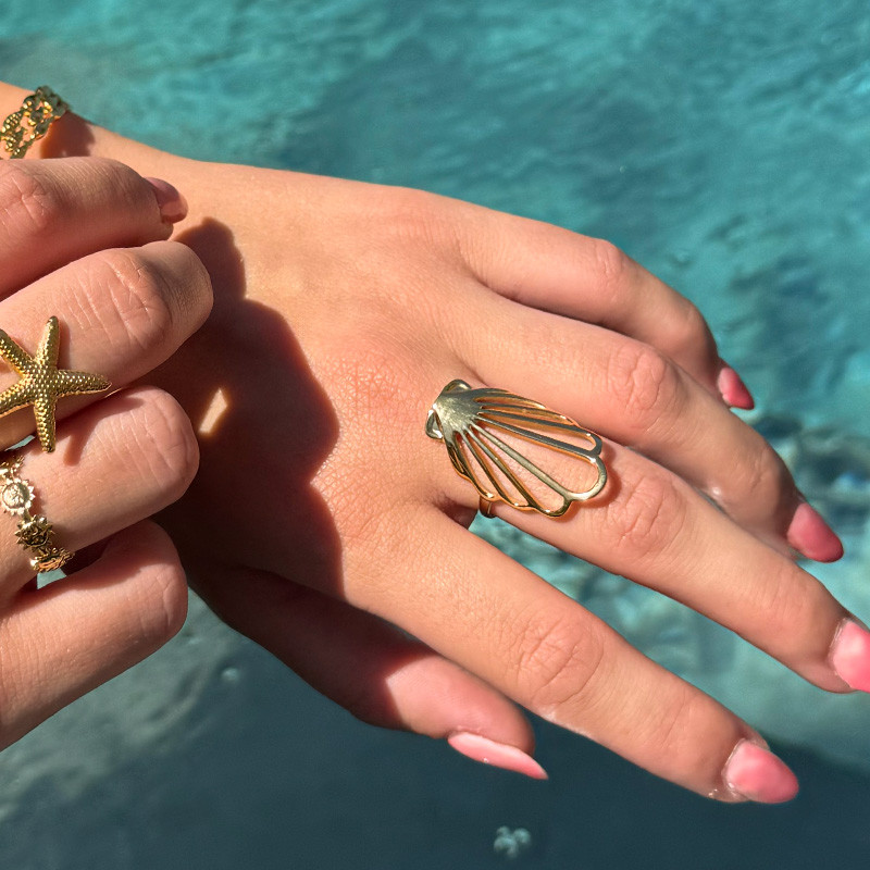 Bague ajustable acier doré coquille st Jacques