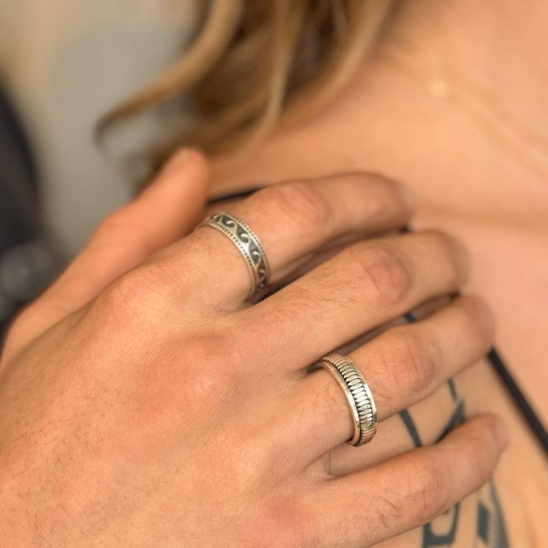 Bague Argent Homme anneau tournant strié