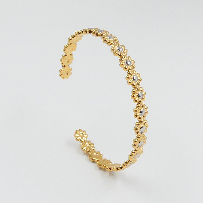 Jonc acier fleur mixte argent et doré