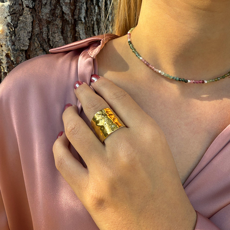 Bague large ajustable acier doré martelé