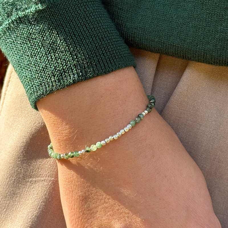 Bracelet fin Argent Emeraude et barrette de perles