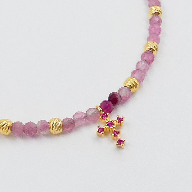 Bracelet Doré tourmaline rose et croix