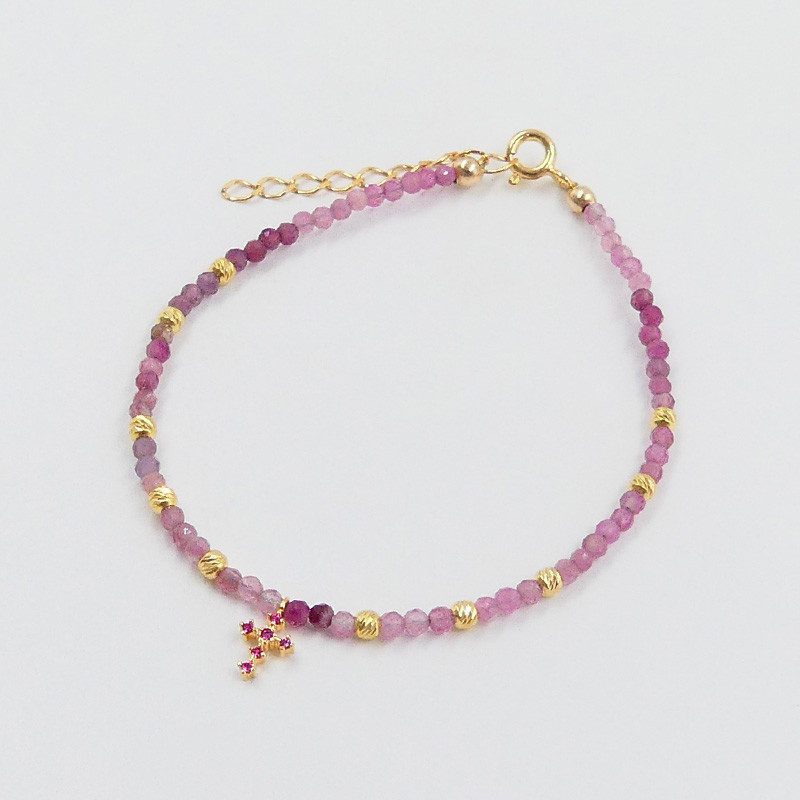 Bracelet Doré tourmaline rose et croix
