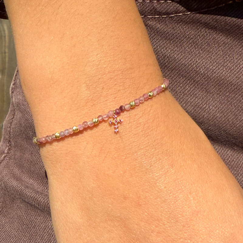 Bracelet Doré tourmaline rose et croix