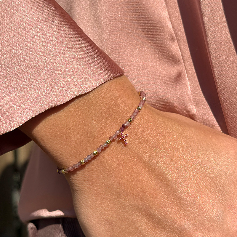 Bracelet Doré tourmaline rose et croix