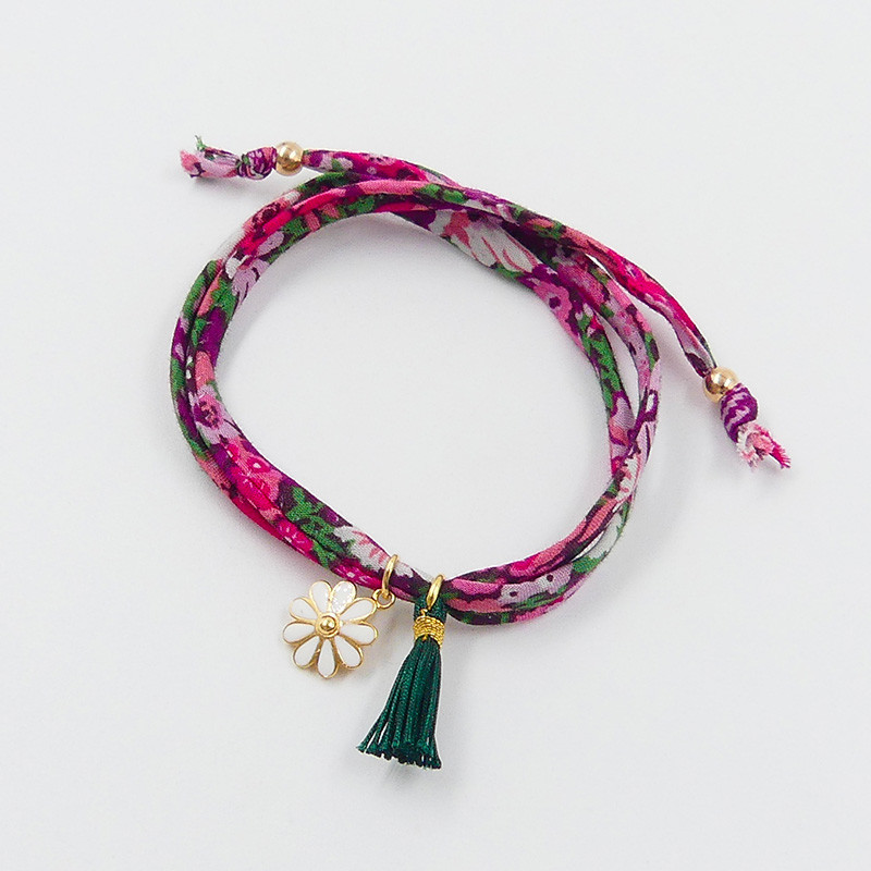 Bracelet Cordon Liberty doré fleur et pompon vert