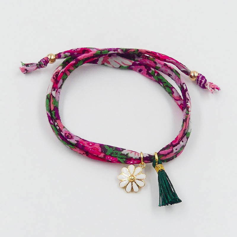 Bracelet Cordon Liberty doré fleur et pompon vert